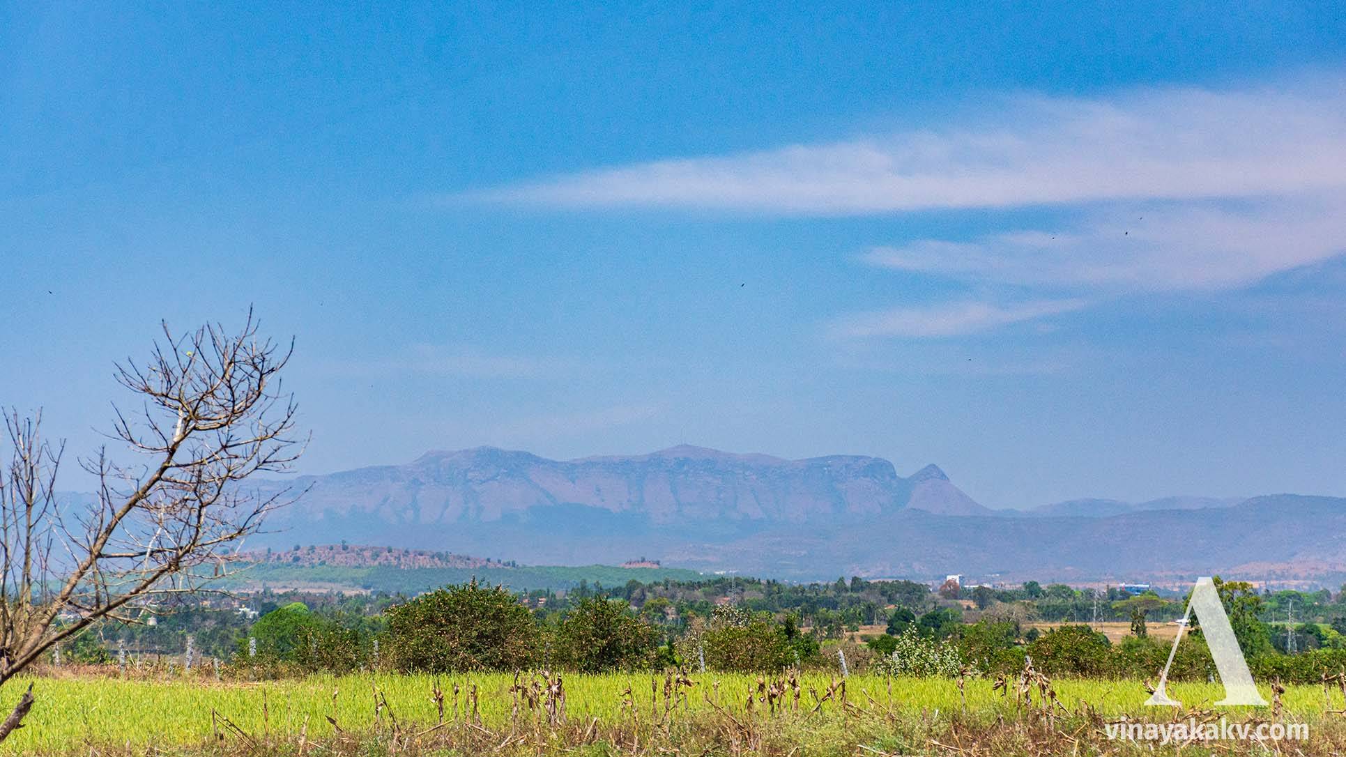 _Chandradrona_ mountains of _Chikkamagaluru_. The distinctive sharp peak separated from the range is _Devirammana Betta_. _Bababudangiri_ is the highest point in the photo.