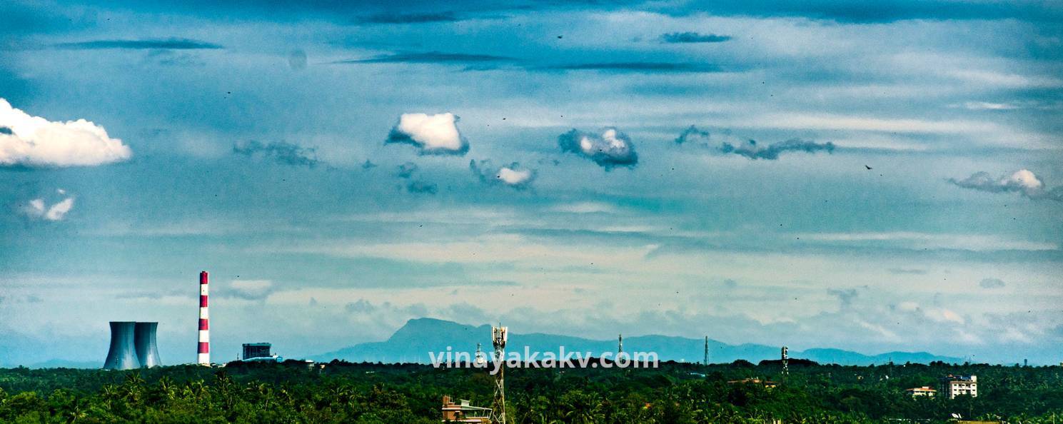 Kodachadri as seen from NITK. The Nandikuru Thermal Power Plant is at the left. It is a quite rare scene.