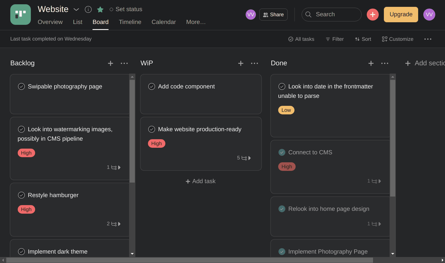 The Asana board for the website project