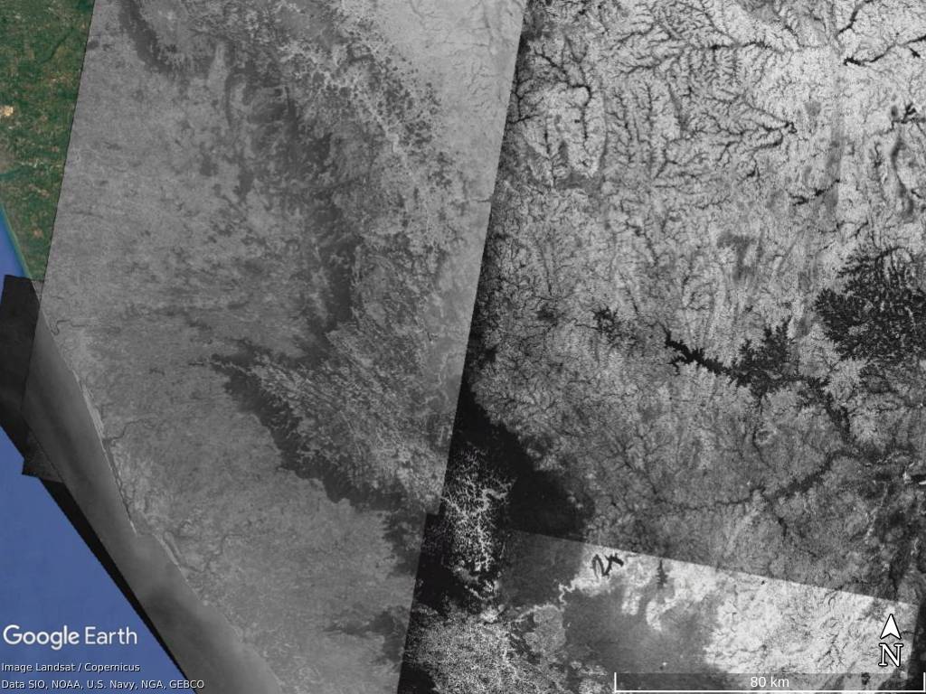 The CORONA dataset, after preprocessing by ISRO is quite clear. Observe the tiles produced by stiching images from different dates together. The data is unavilable for the region displayed in color at left.